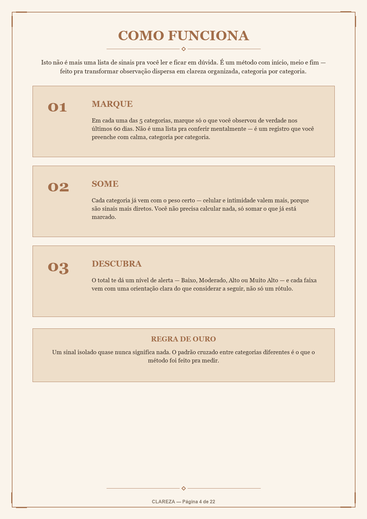 Página do checklist Clareza — Como funciona em 3 passos